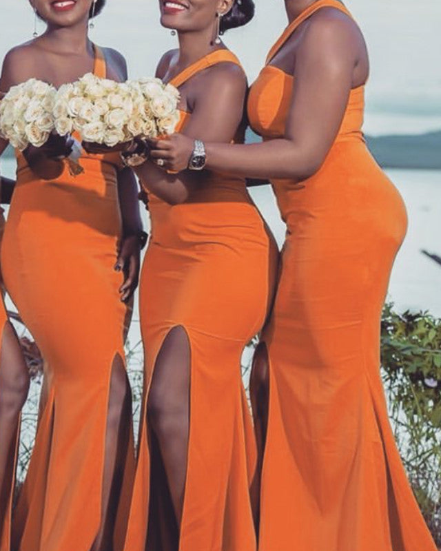 Mermaid One Shoulder Bridesmaid Dresses Satin Split