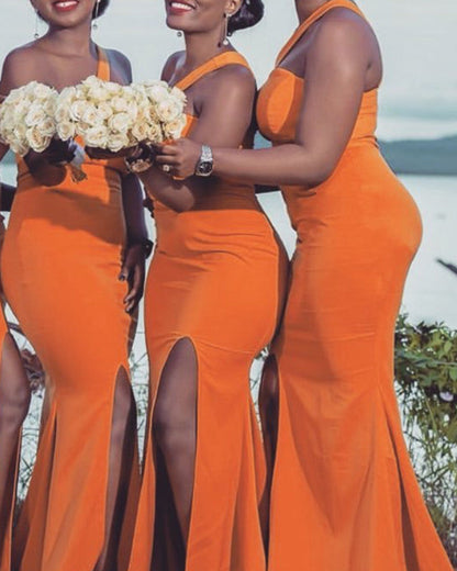 Mermaid One Shoulder Bridesmaid Dresses Satin Split