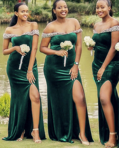 Mermaid Velvet Bridesmaid Dresses Beaded Off The Shoulder