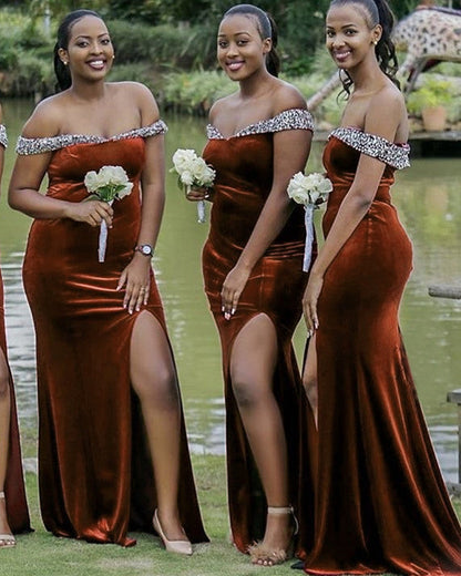 Mermaid Velvet Bridesmaid Dresses Beaded Off The Shoulder