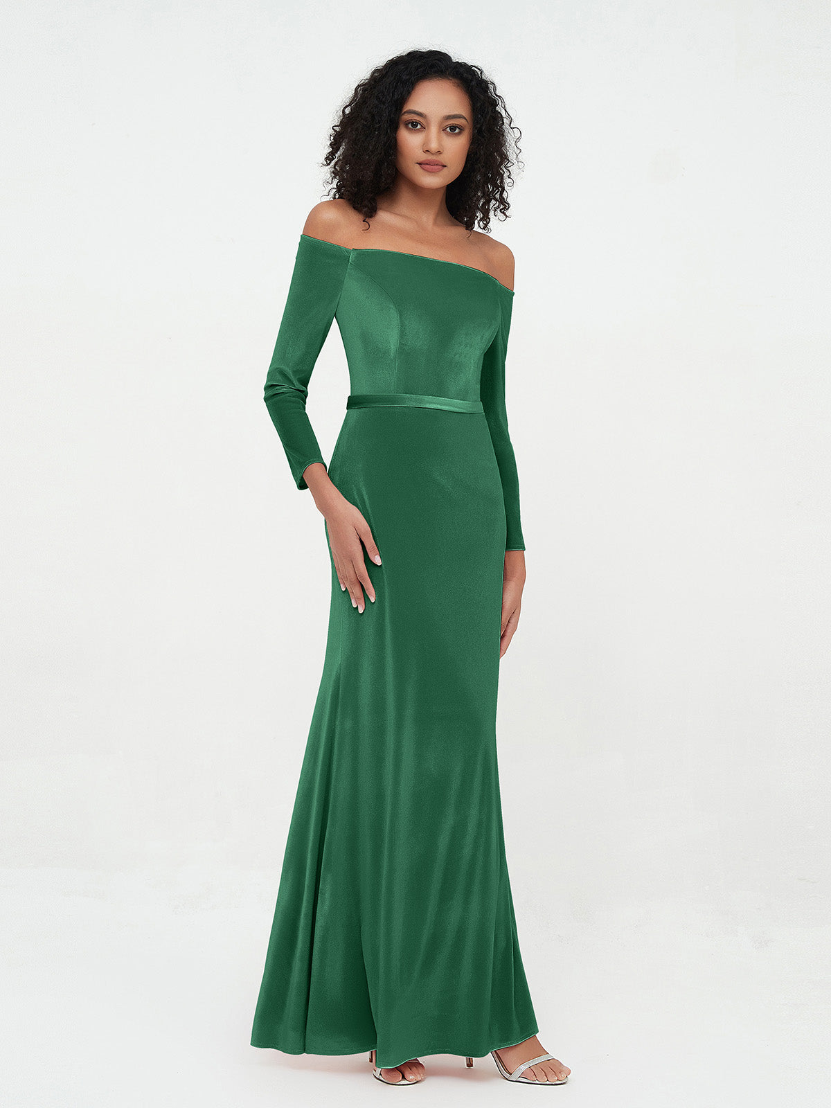 Off the Shoulder Long Sleeves Velvet Dresses Dark Green