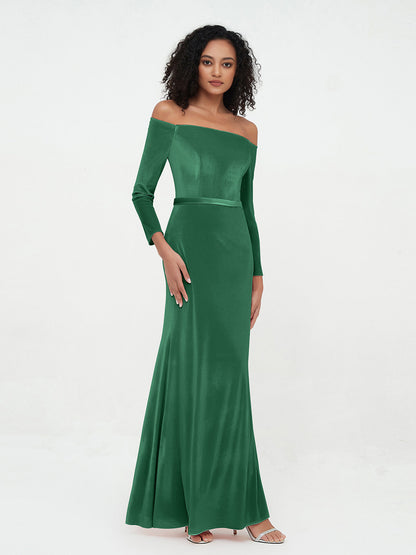 Off the Shoulder Long Sleeves Velvet Dresses Dark Green