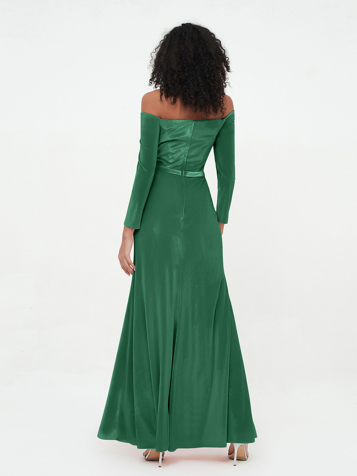 Off the Shoulder Long Sleeves Velvet Dresses Dark Green
