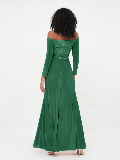 Off the Shoulder Long Sleeves Velvet Dresses Dark Green