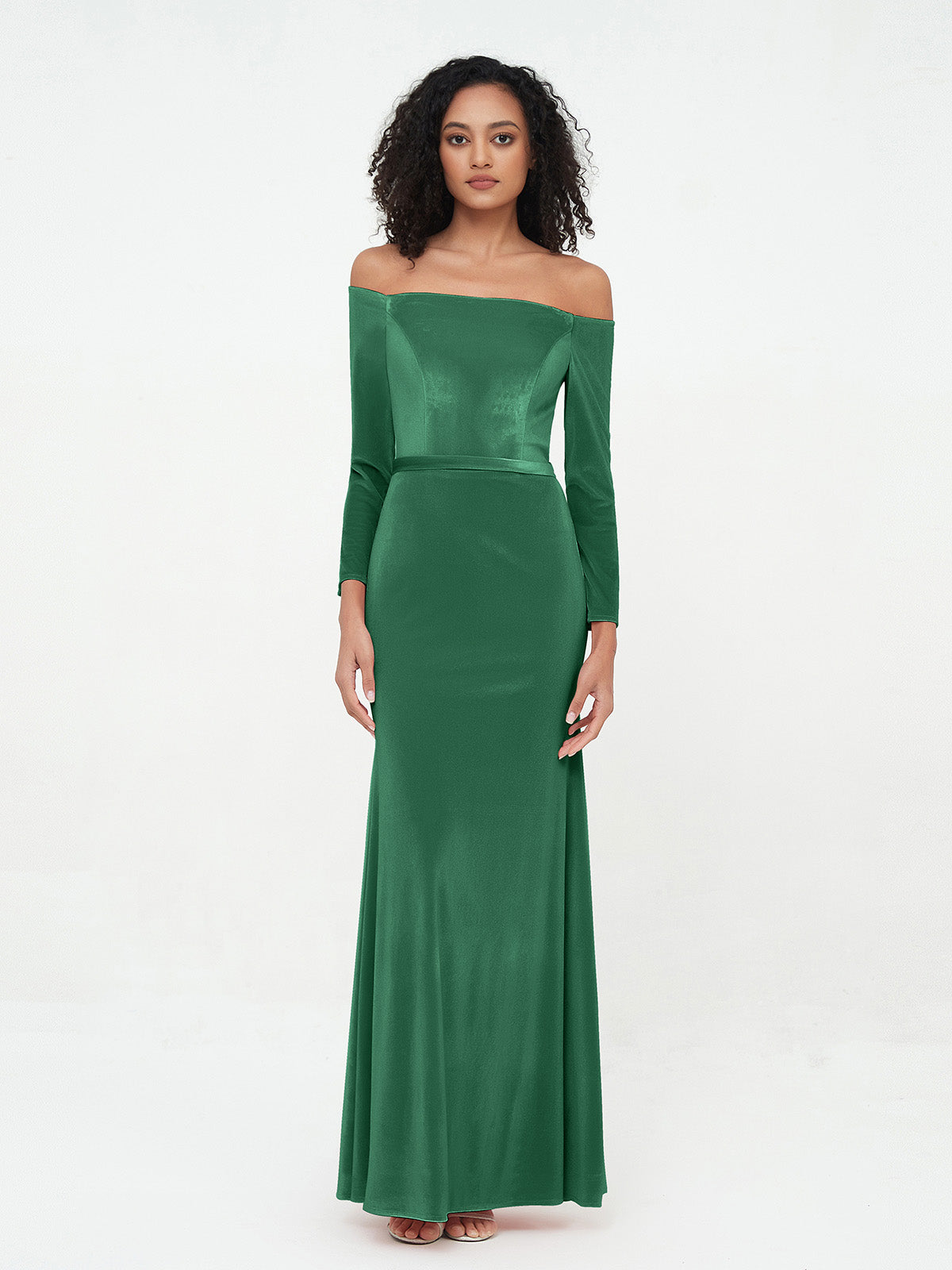 Off the Shoulder Long Sleeves Velvet Dresses Dark Green