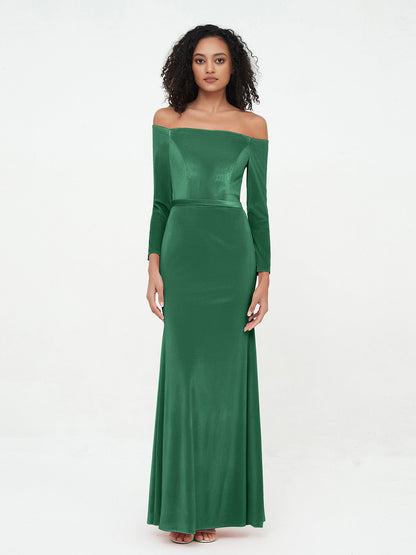 Off the Shoulder Long Sleeves Velvet Dresses Dark Green