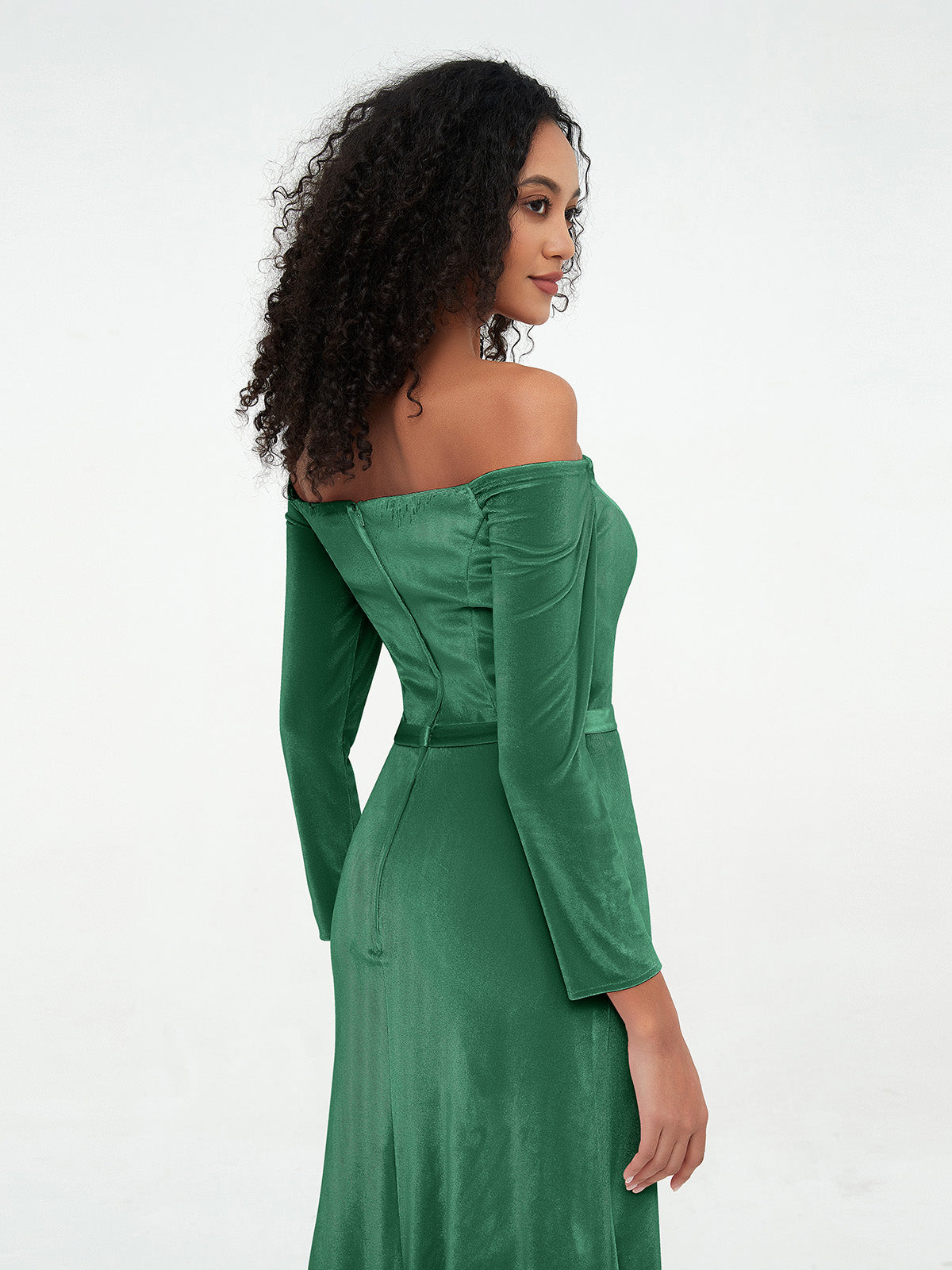 Off the Shoulder Long Sleeves Velvet Dresses Dark Green