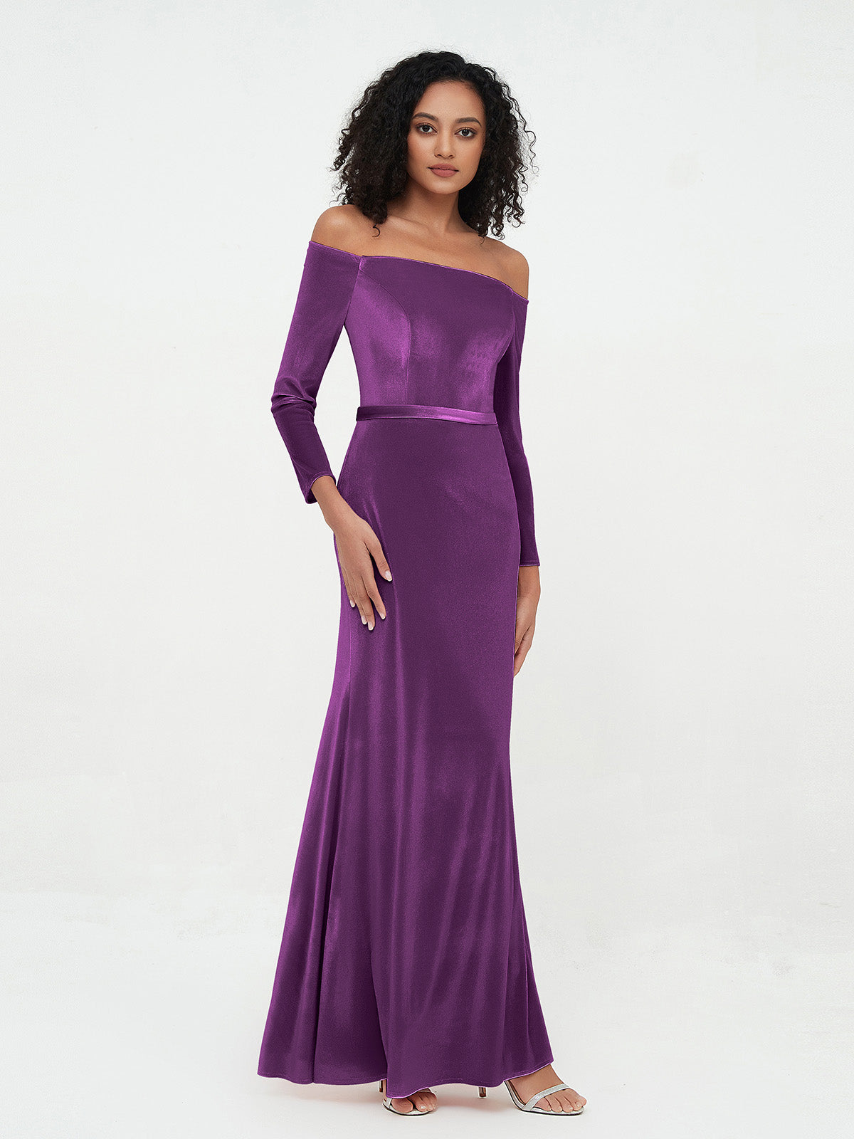 Off the Shoulder Long Sleeves Velvet Dresses Grape
