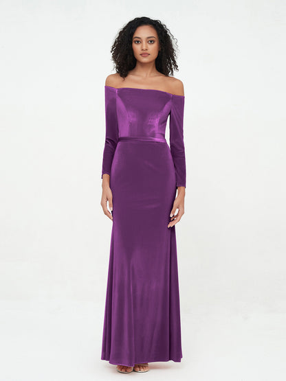 Off the Shoulder Long Sleeves Velvet Dresses Grape