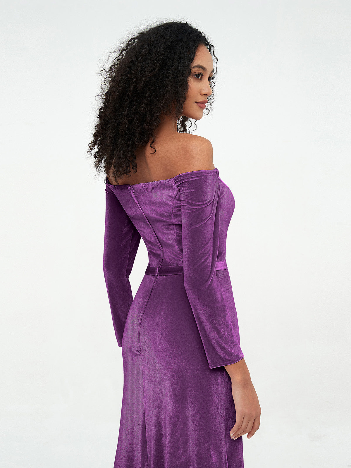 Off the Shoulder Long Sleeves Velvet Dresses Grape