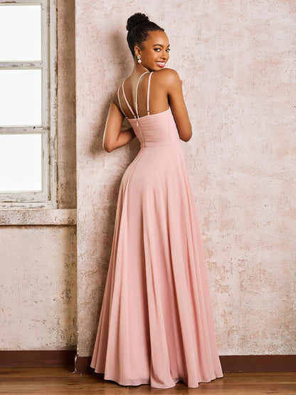 Chiffon Halter Floor-length Bridesmaid Dresses Dusty Rose