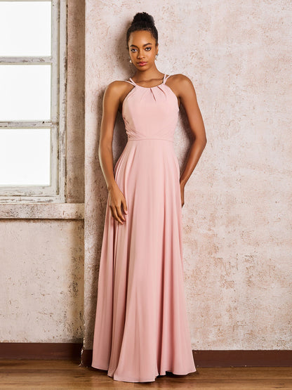 Chiffon Halter Floor-length Bridesmaid Dresses Dusty Rose