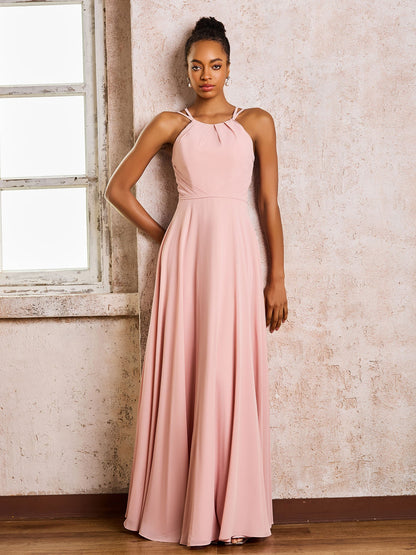Chiffon Halter Floor-length Bridesmaid Dresses Dusty Rose