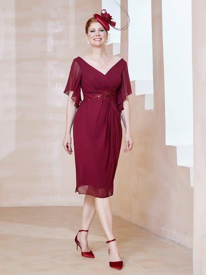 Flutter Sleeves V-neck Sequins Applique Decor Dress Burgundy