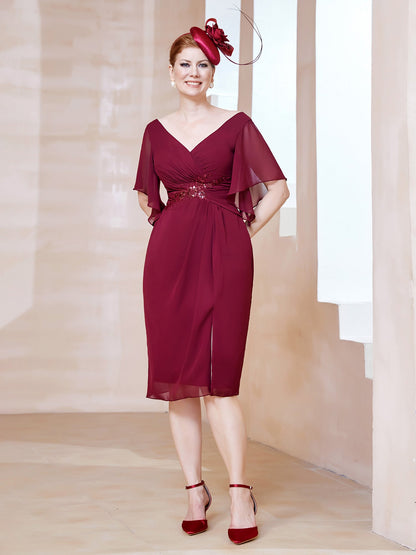 Flutter Sleeves V-neck Sequins Applique Decor Dress Burgundy