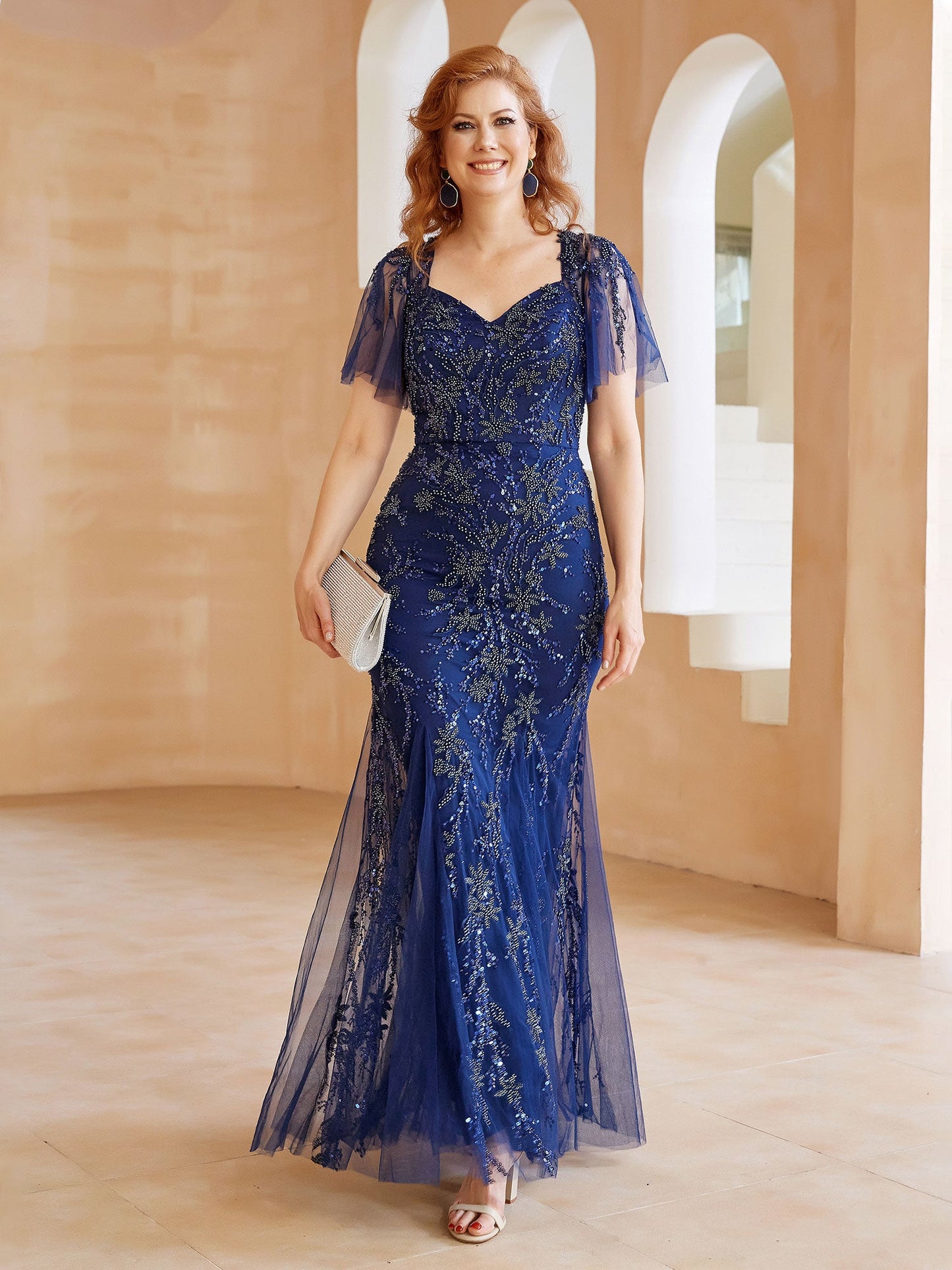Flutter Sleeves Sweetheart Beaded Sheath Dress with Back Slit Navy Blue