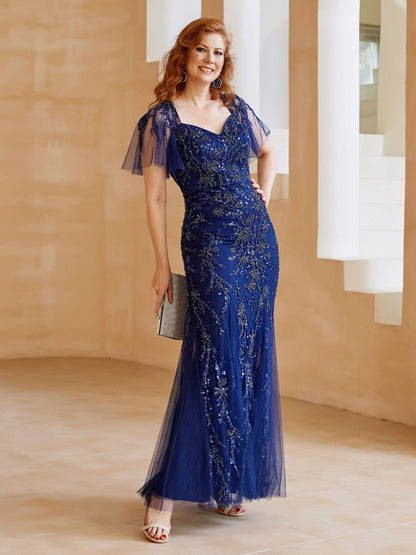 Flutter Sleeves Sweetheart Beaded Sheath Dress with Back Slit Navy Blue