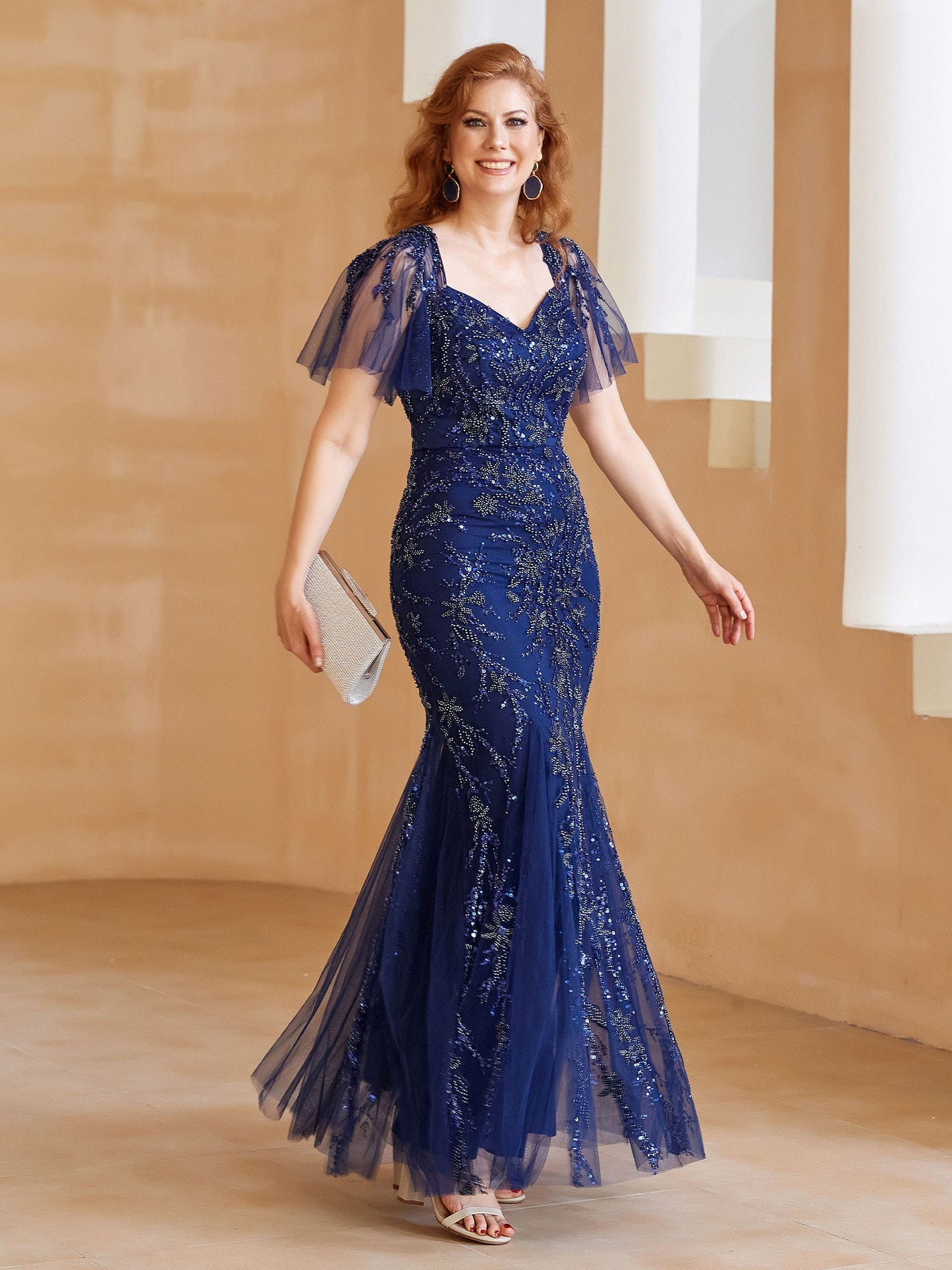 Flutter Sleeves Sweetheart Beaded Sheath Dress with Back Slit Navy Blue