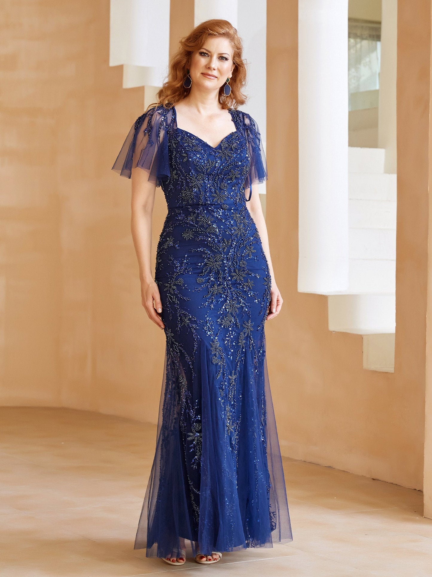 Flutter Sleeves Sweetheart Beaded Sheath Dress with Back Slit Navy Blue