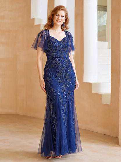 Flutter Sleeves Sweetheart Beaded Sheath Dress with Back Slit Navy Blue