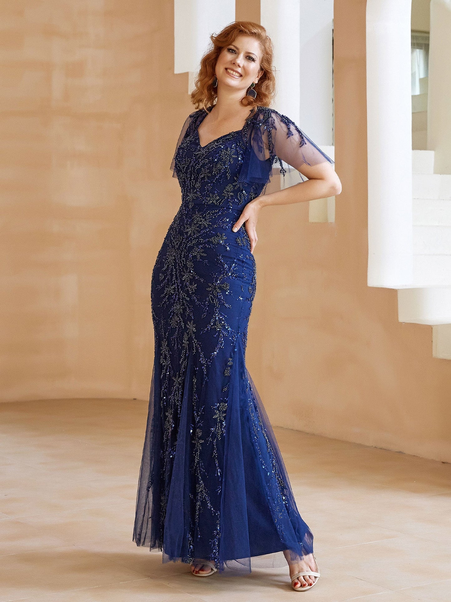 Flutter Sleeves Sweetheart Beaded Sheath Dress with Back Slit Navy Blue