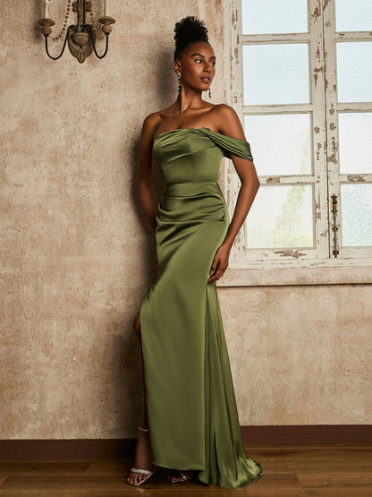 Strapless Trumpet Long Dress with Slit Olive Green