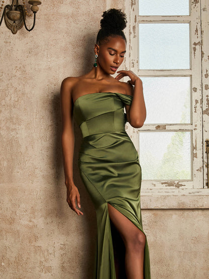 Strapless Trumpet Long Dress with Slit Olive Green