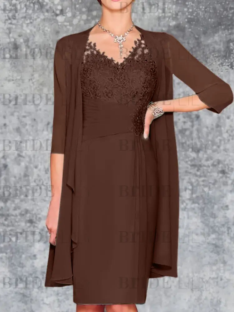 Two Piece Ruffle Chiffon Mother of the Bride Outfit Lace Short Wedding Guest Dress