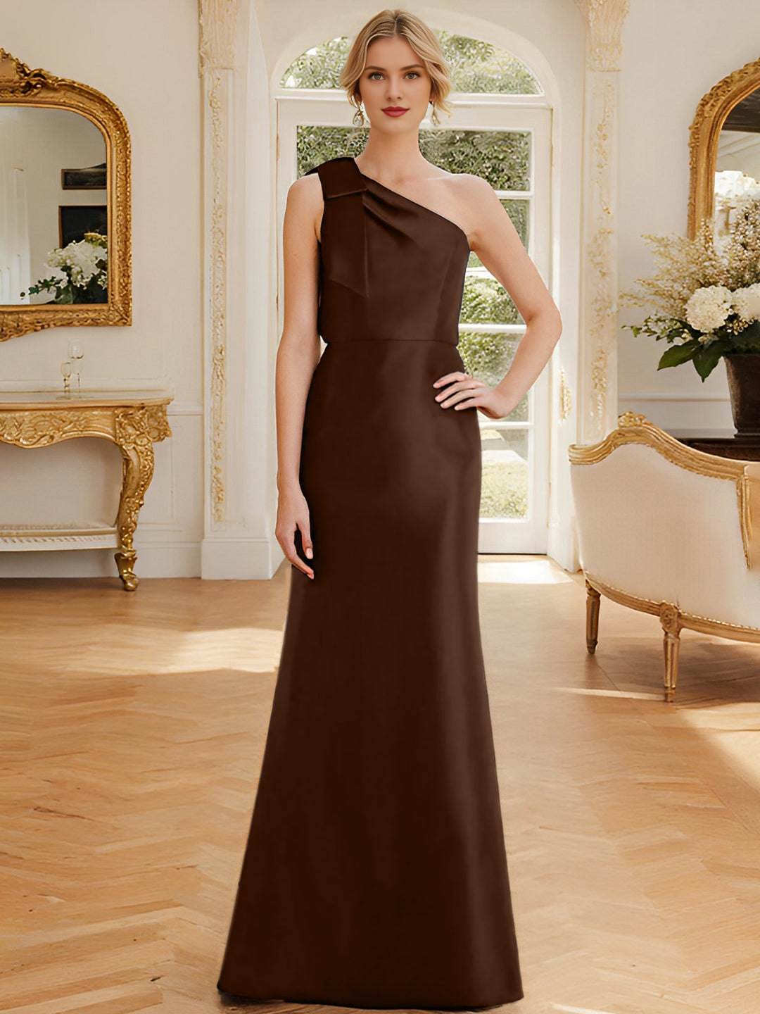 Sheath/Column One-Shoulder Sleeveless Satin Mother Of The Bride Dresses With Bowknot