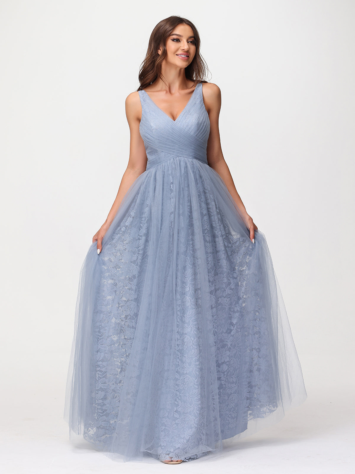 V neck Lace Lining And Tulle Dresses Dusty Blue
