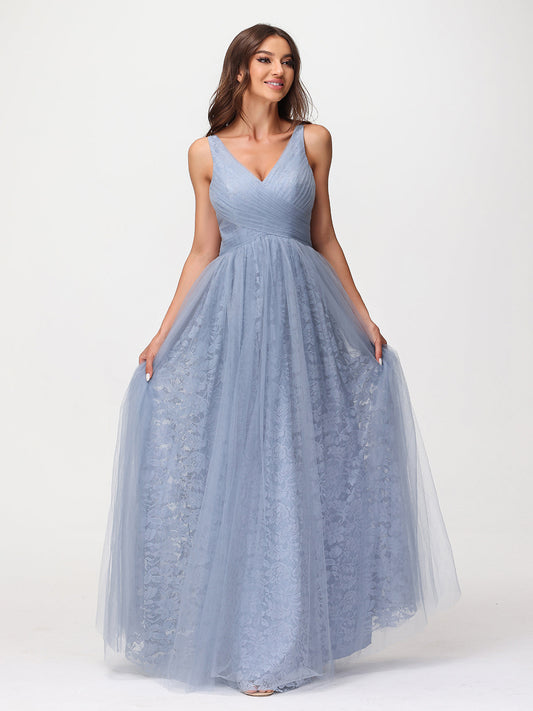 V neck Lace Lining And Tulle Dresses Dusty Blue