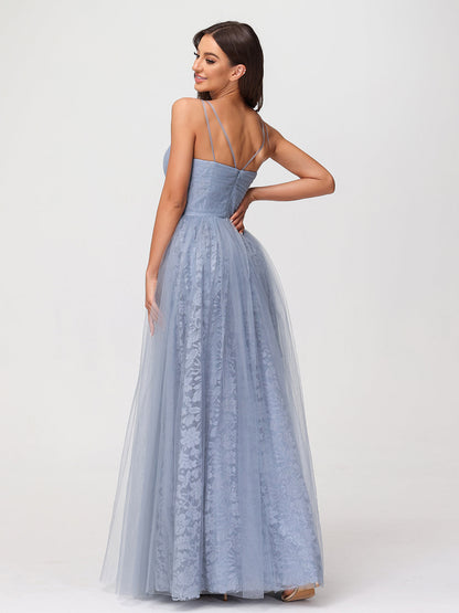 V neck Lace Lining And Tulle Dresses Dusty Blue
