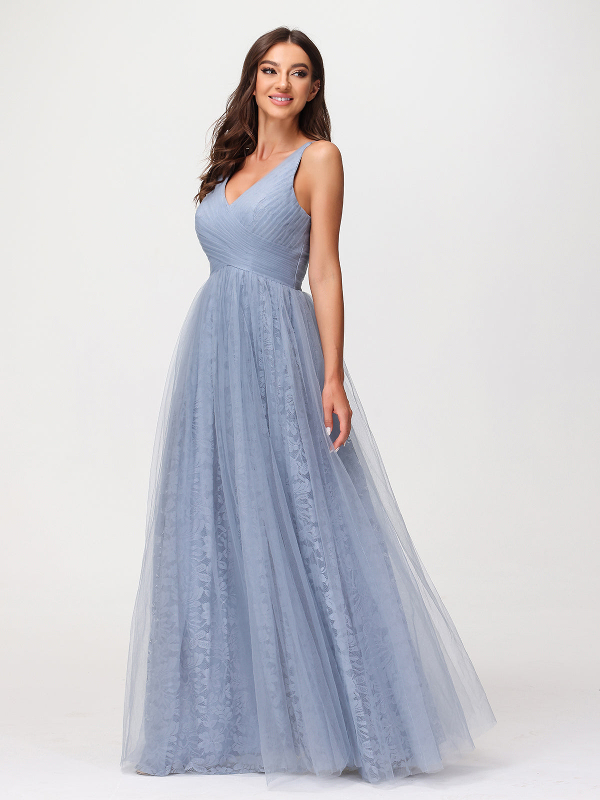 V neck Lace Lining And Tulle Dresses Dusty Blue