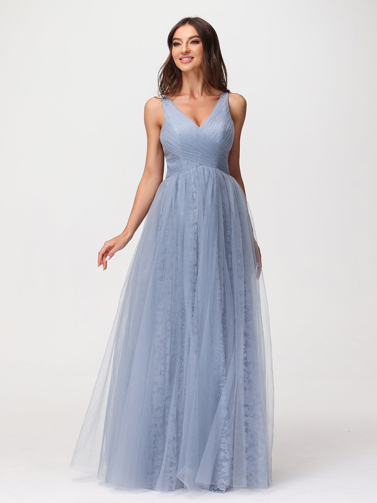 V neck Lace Lining And Tulle Dresses Dusty Blue