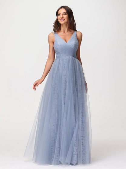 V neck Lace Lining And Tulle Dresses Dusty Blue