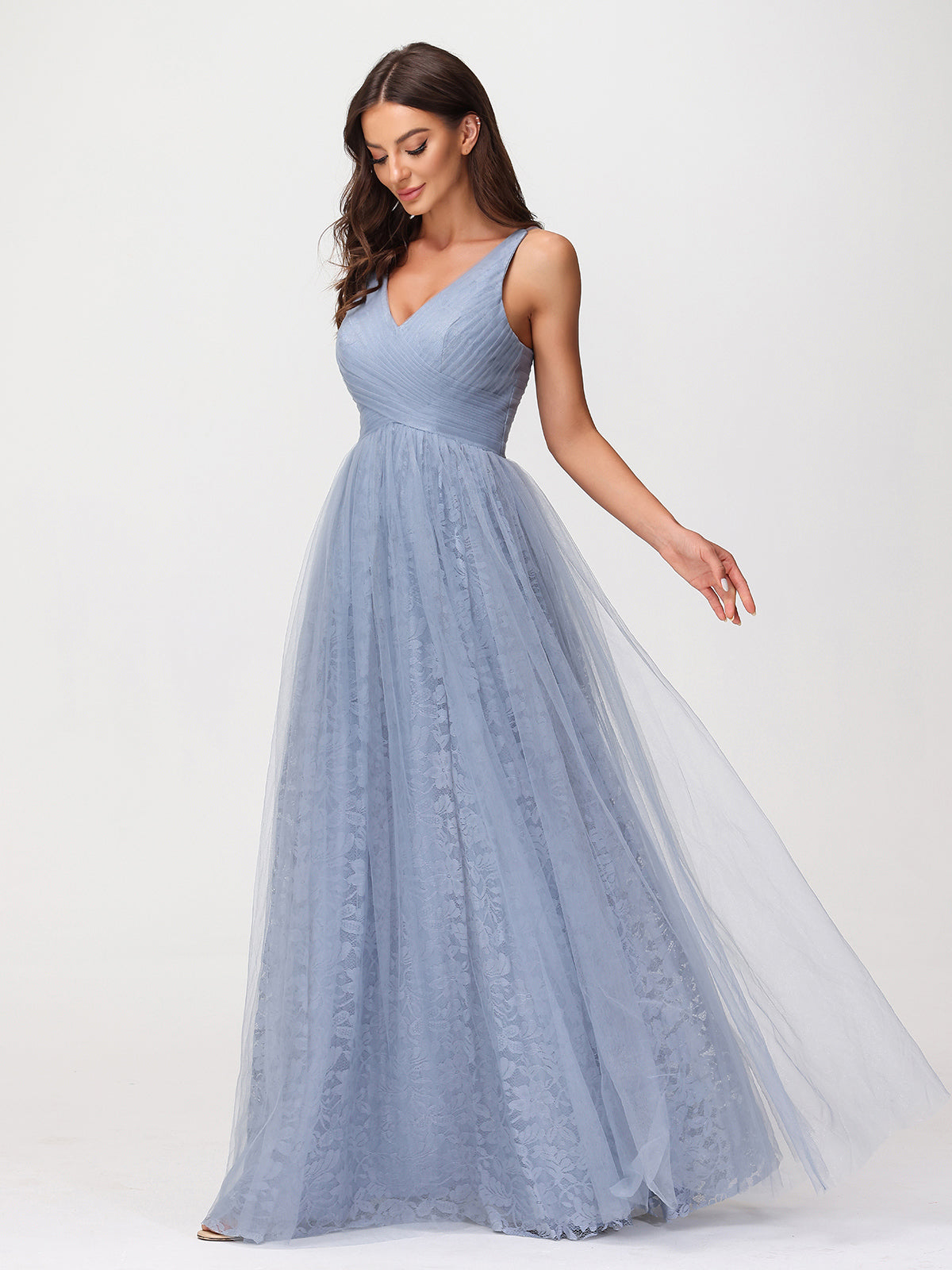 V neck Lace Lining And Tulle Dresses Dusty Blue