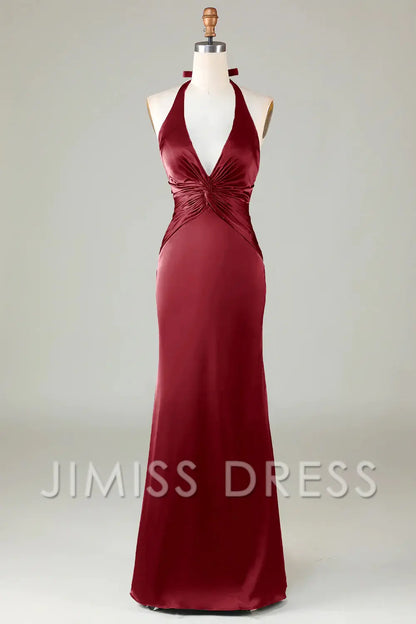Jimiss-Fish tail hanging neck deep green long satin bridesmaid dress
