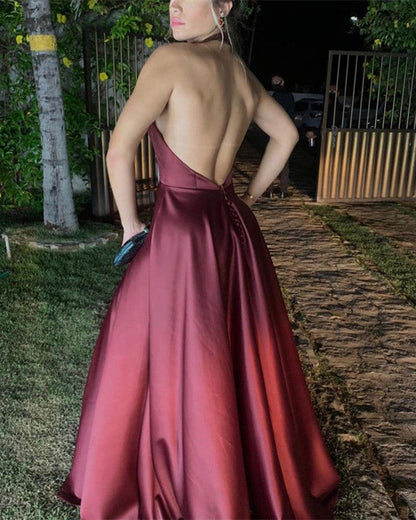 Halter Split Open Back Satin Dresses