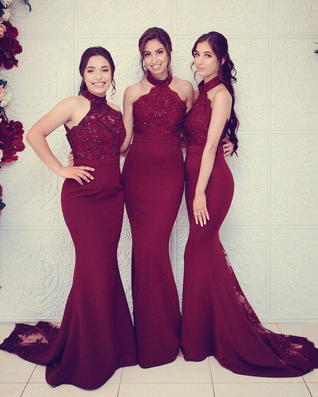 Halter Mermaid Bridesmaid Dresses Lace Train
