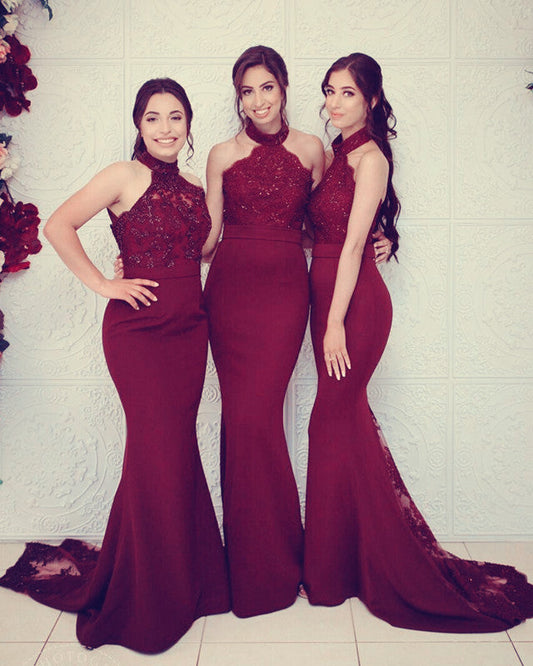 Halter Mermaid Bridesmaid Dresses Lace Train