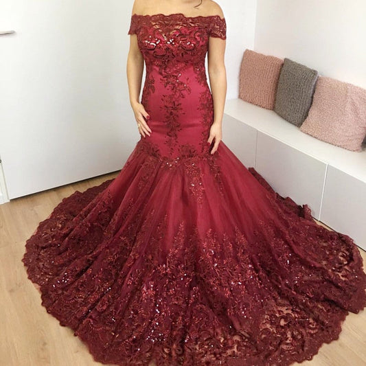 Burgundy Lace Mermaid Prom Dresses Off The Shoulder