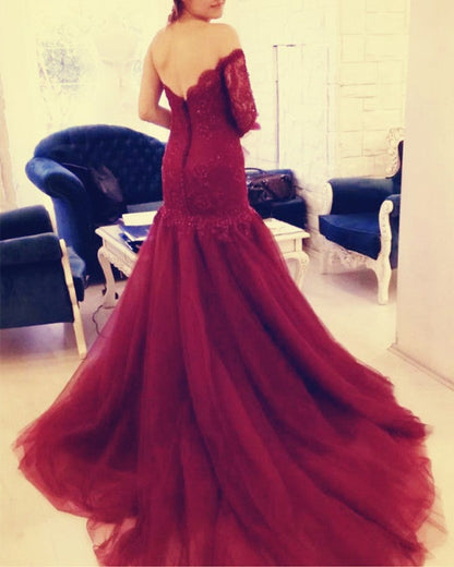 Burgundy Lace Mermaid Wedding Dresses One Shoulder