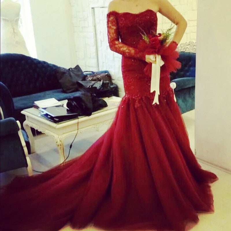 Burgundy Lace Mermaid Wedding Dresses One Shoulder