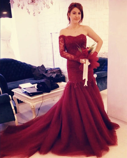 Burgundy Lace Mermaid Wedding Dresses One Shoulder