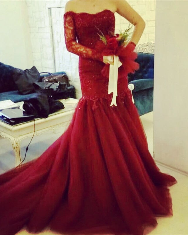 Burgundy Lace Mermaid Wedding Dresses One Shoulder