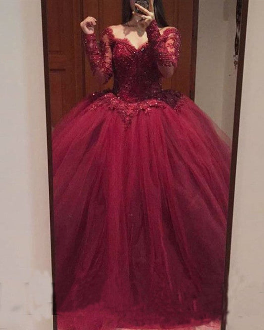 Burgundy Long Sleeves Prom Dresses Tulle Ball Gowns  Lace Appliques
