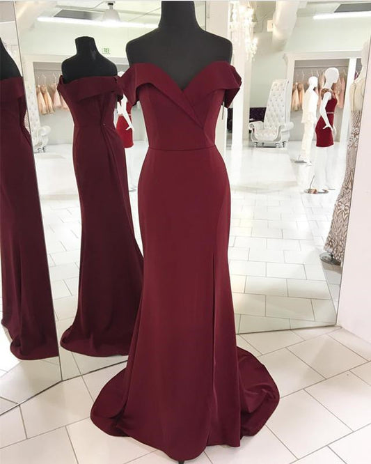 Burgundy Mermaid Prom Dresses Leg Split Off The Shoulder