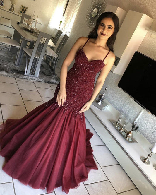Burgundy Mermaid Evening Dress Sweetheart Appliques Beaded
