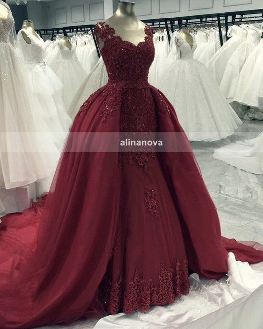 Lace Appliques Cap Sleeves Tulle Mermaid Dresses With Skirt