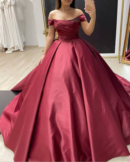 Burgundy Off The Shoulder Ball Gown Dress